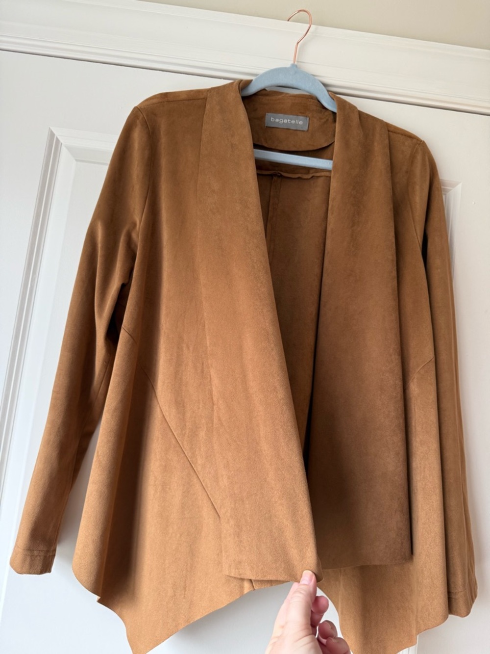 Bagatelle Faux Suede Chestnut Brown Jacket, Waterfall Front, Size Large